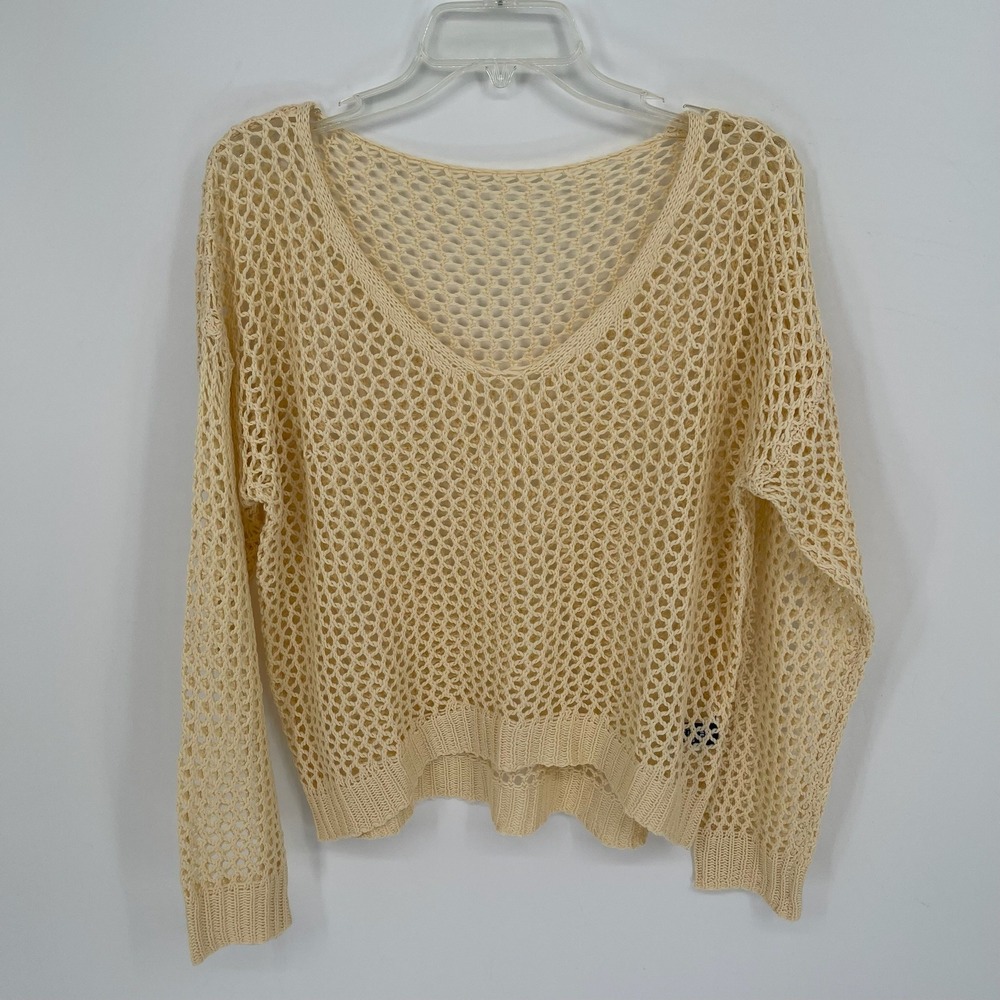 SHEIN Women's Cream Open Knit Crochet Mesh V-Neck Sweater Size‎ L